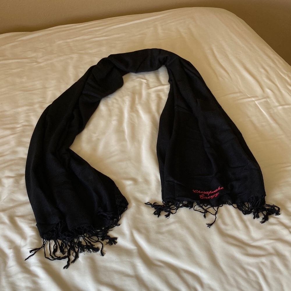 Black Scarf with Fringe. Chesapeake Energy embroidered in dark pink